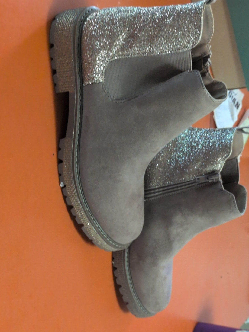 Steve Madden Taupe Suede Chelsea Ankle Boots with Silver Glitter Heel